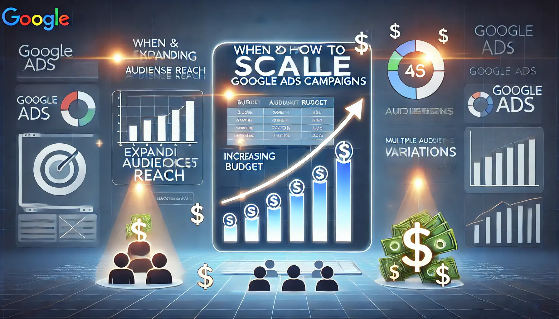 An illustration representing when and how to scale Google Ads campaigns, featuring a digital dashboard with increasing budget, expanding audience reach, and multiple ad variations.