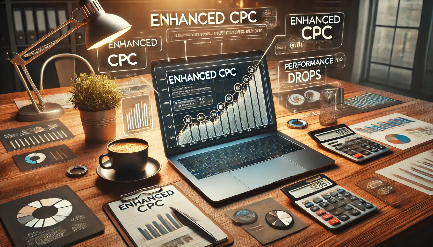 A digital marketing workspace showing a laptop with a graph depicting erratic data and performance drops, symbolizing the limitations of Enhanced CPC.