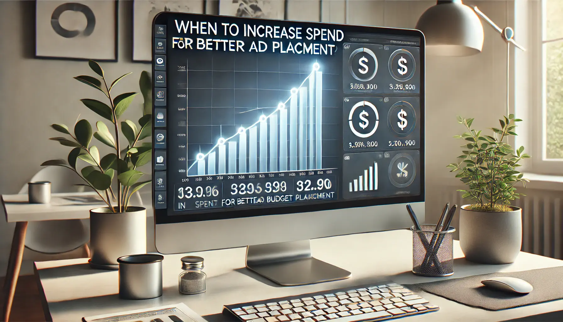 A computer screen displaying a dashboard with a graph showing an increase in budget allocation for better ad placement, surrounded by icons representing higher investment.