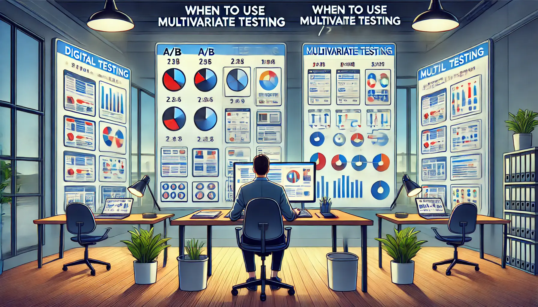 A digital marketer comparing A/B testing and multivariate testing with separate screens showing ad variations and their analysis.