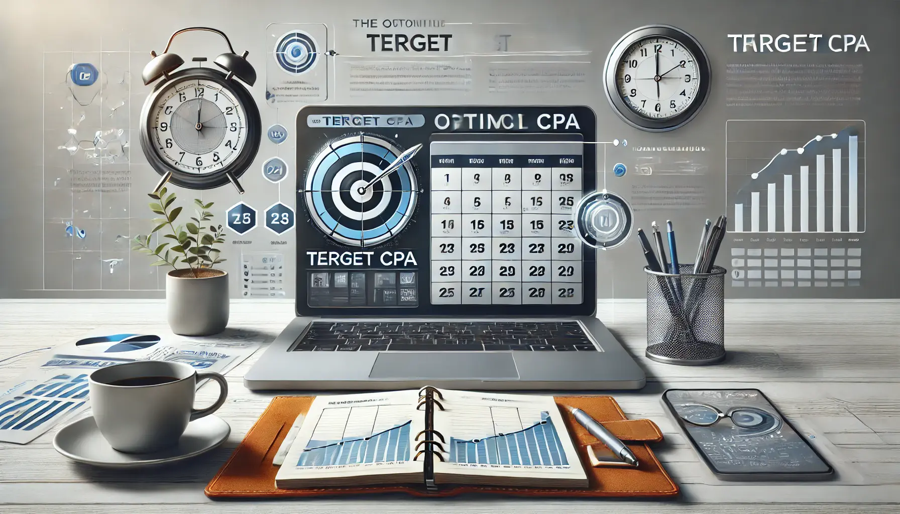 A workspace featuring a laptop with a timeline of campaign performance metrics, surrounded by a clock, notepad, and coffee mug, symbolizing planning and timing.