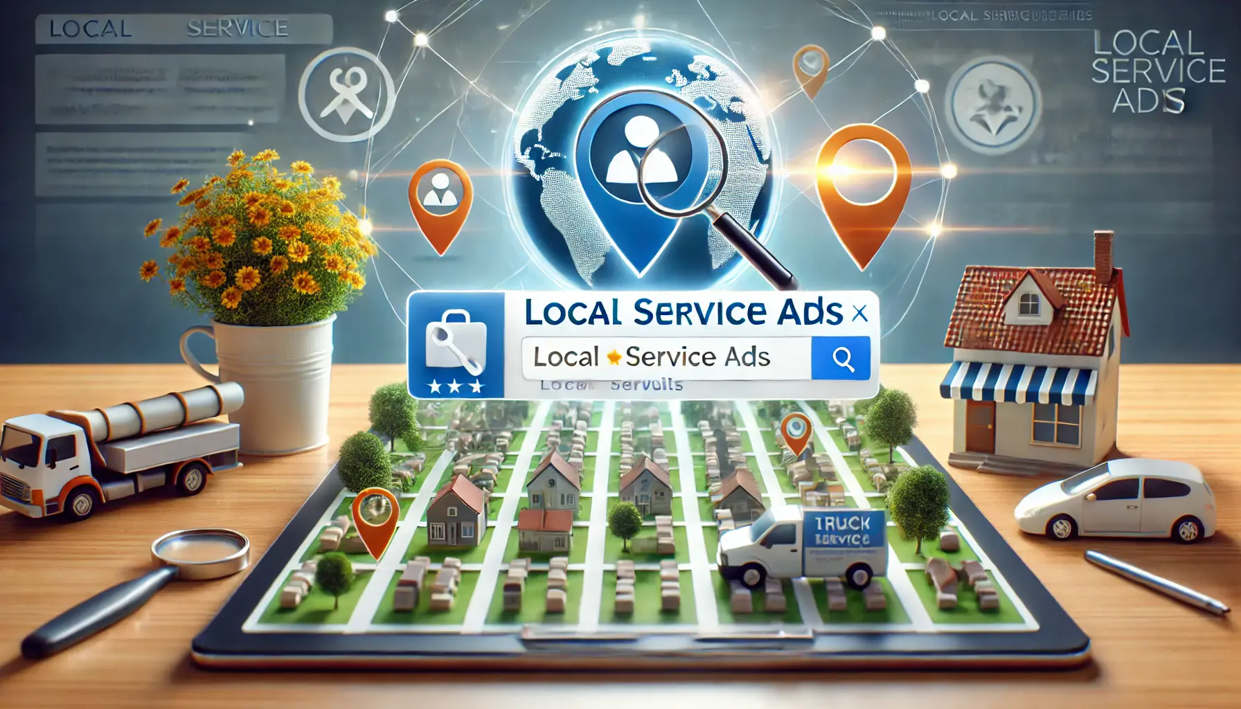 An illustration showing Local Service Ads prominently placed at the top of search engine results with business profiles and trust indicators.