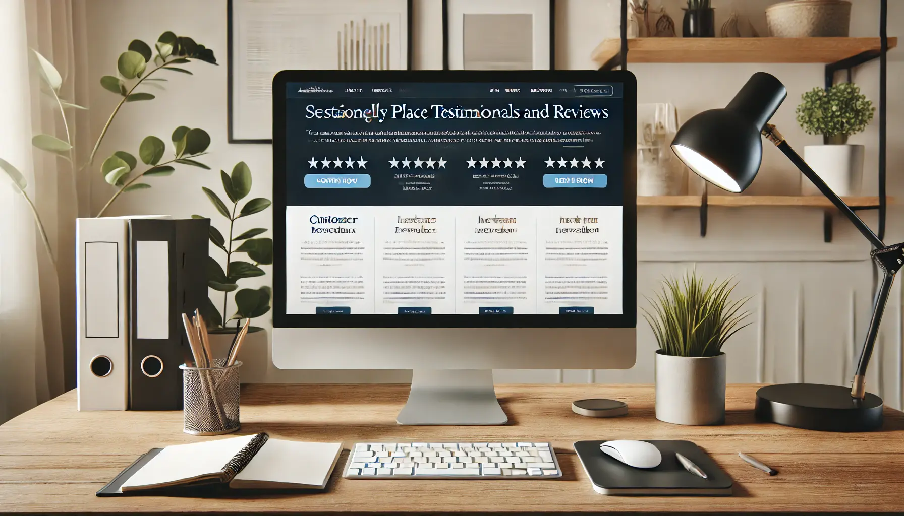 A workspace with a computer displaying a landing page design that strategically places testimonials and reviews above the fold and near the call-to-action button.