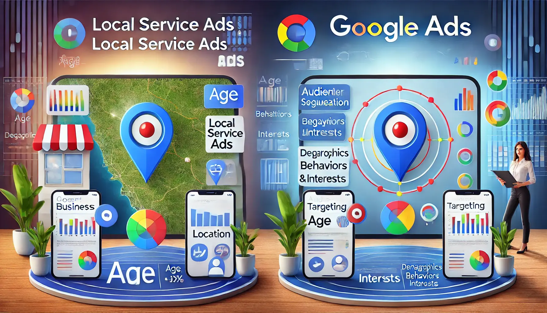 An illustration comparing the targeting capabilities of Local Service Ads and Google Ads with geographic and audience segmentation features.