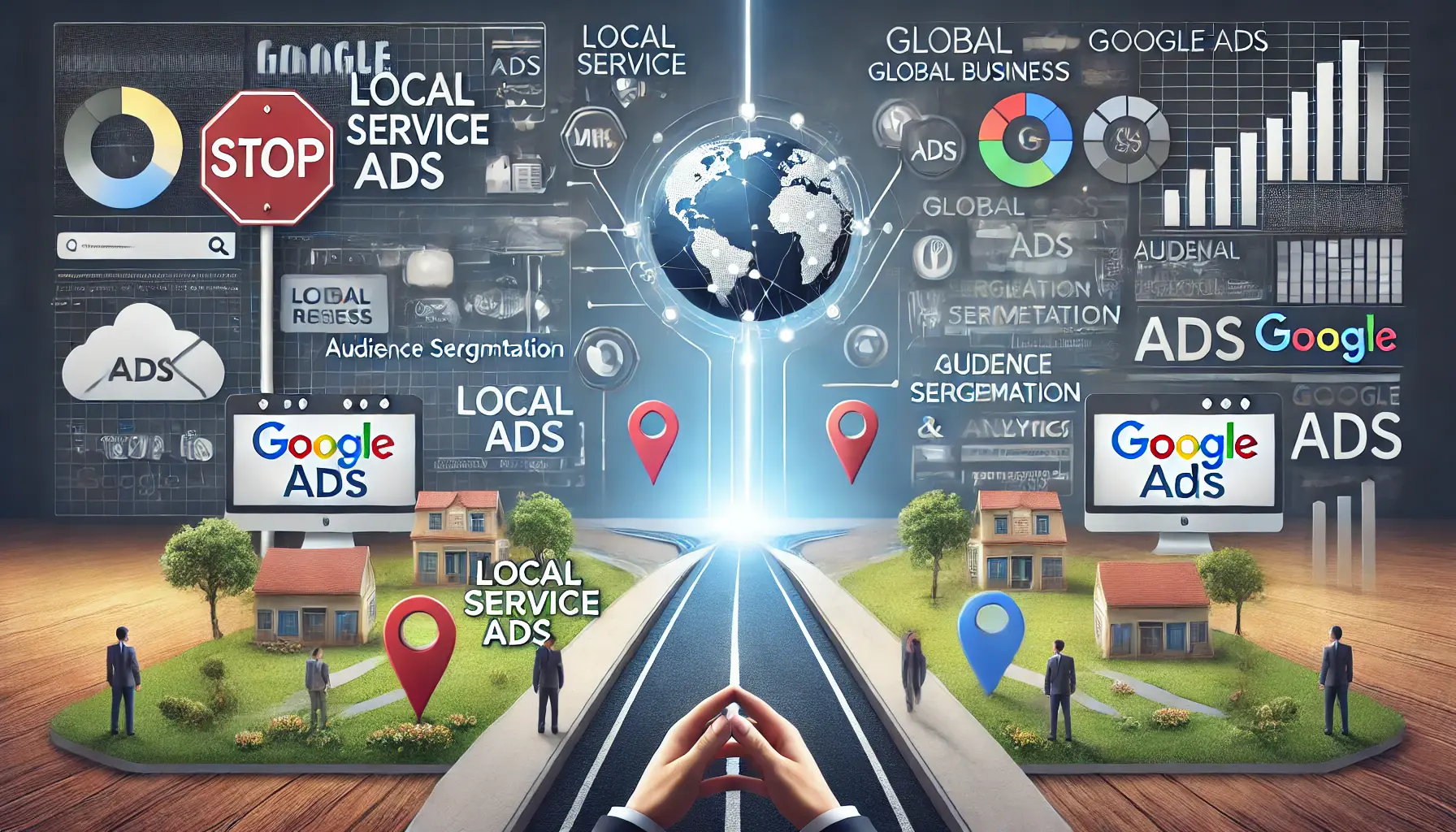 An illustration showing the decision-making process between Local Service Ads and Google Ads, with paths leading to different platforms.