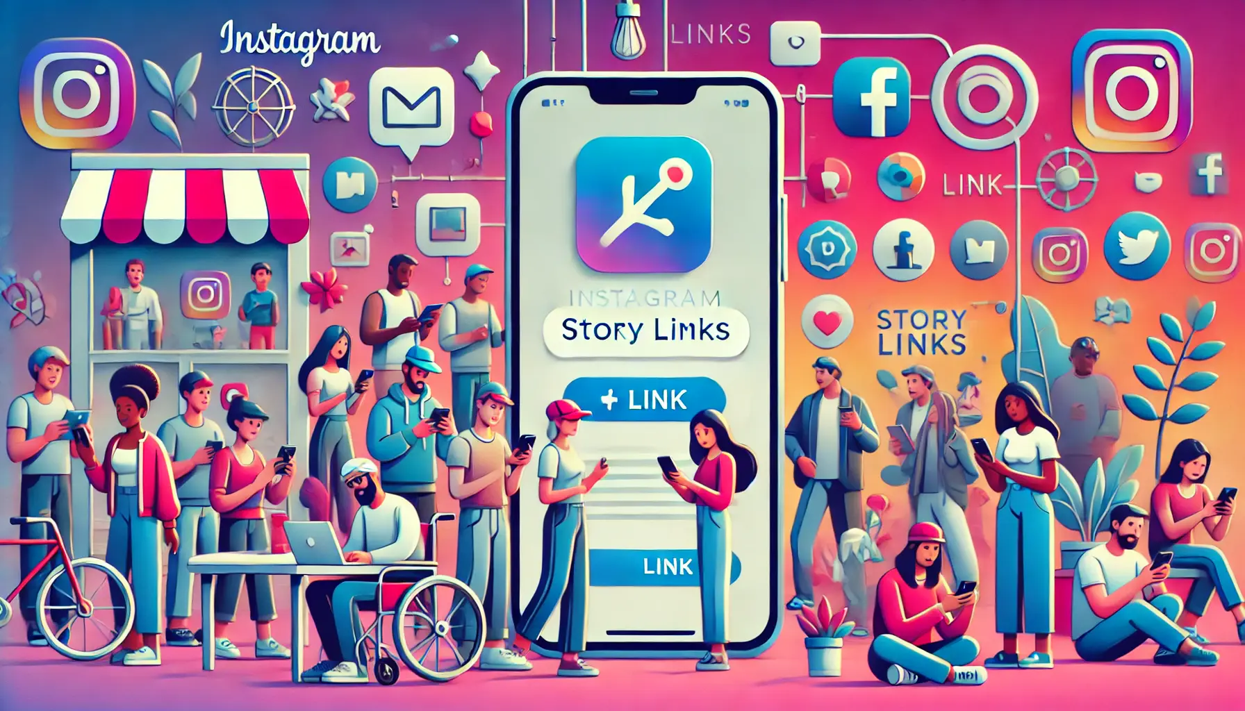 A diverse group of individuals, including creators and small business owners, engaging with Instagram's Story Links feature on their devices.