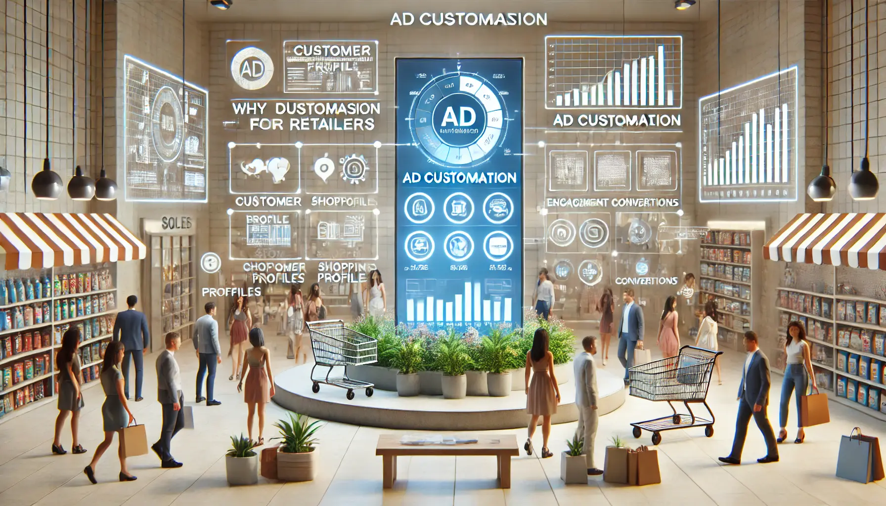 A modern retail environment with a digital screen showing personalized advertisements, surrounded by customer profiles, shopping carts, and sales graphs.