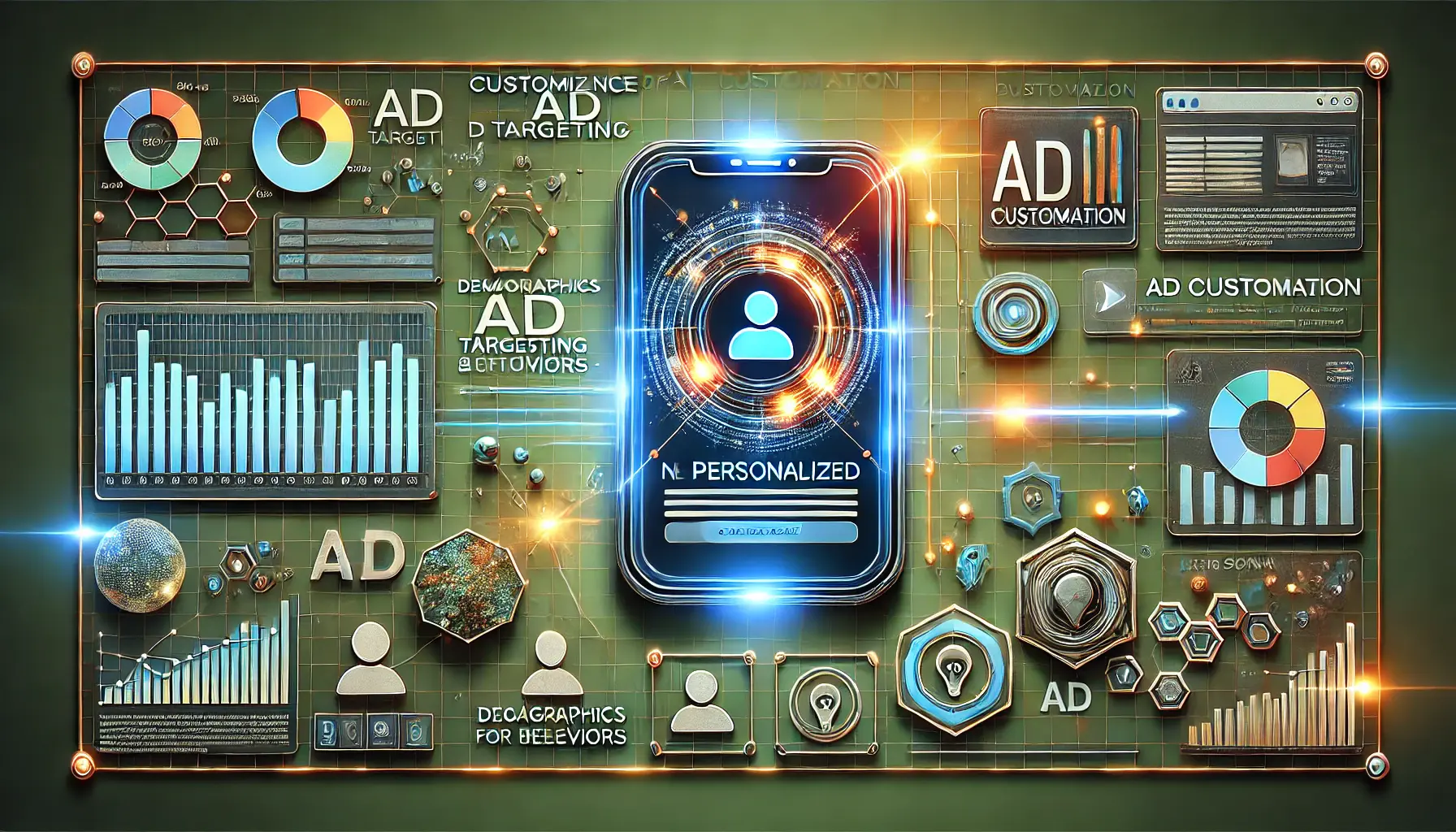 A digital interface displaying customized ad targeting options, such as demographics and behaviors, highlighted by glowing data streams and icons.