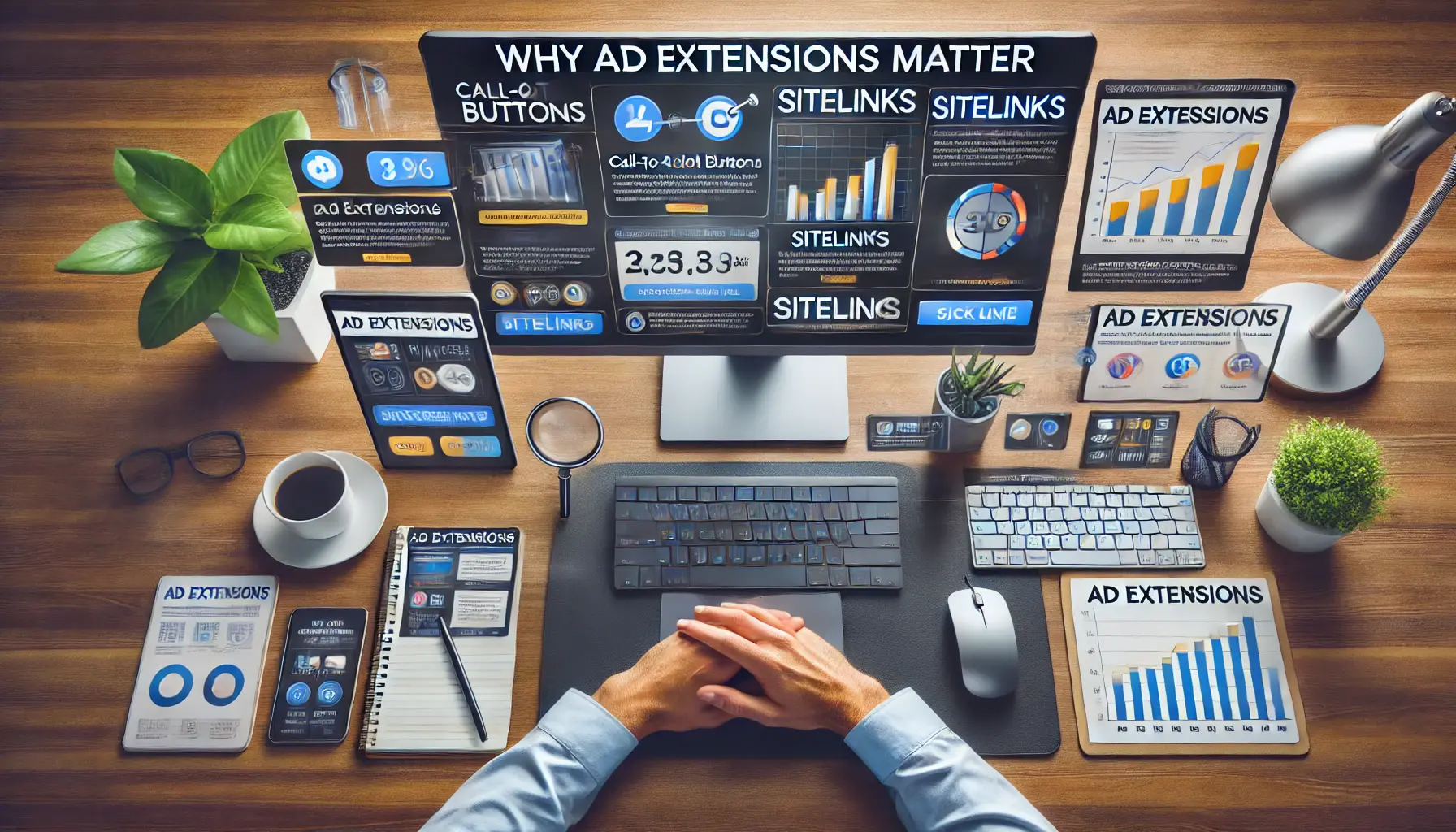 A digital marketing professional analyzing a marketing campaign with ad extensions on a large screen in a modern workspace.