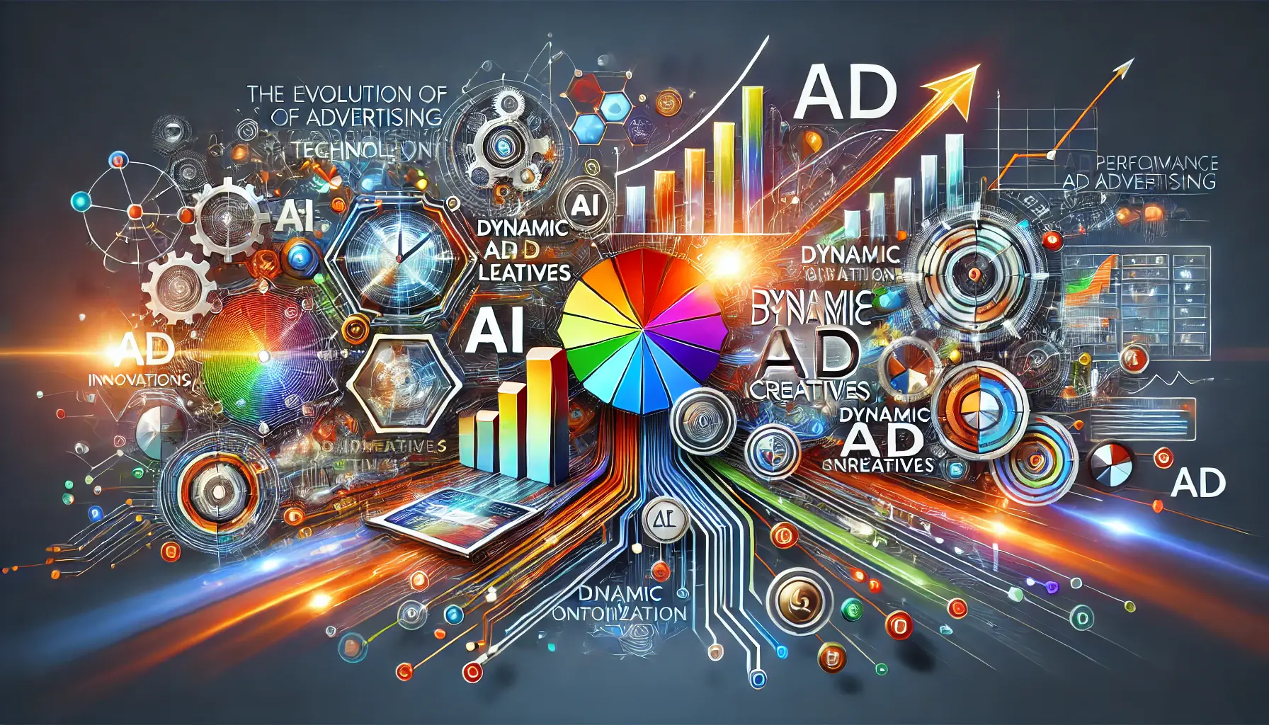 Abstract representation of the importance of ad innovations in digital advertising, featuring AI, machine learning, and performance optimization.