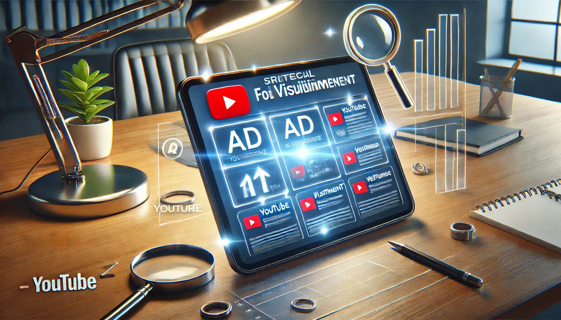 A tablet displaying YouTube interface with highlighted ad placements, surrounded by symbols of visibility like magnifying glasses and upward arrows.