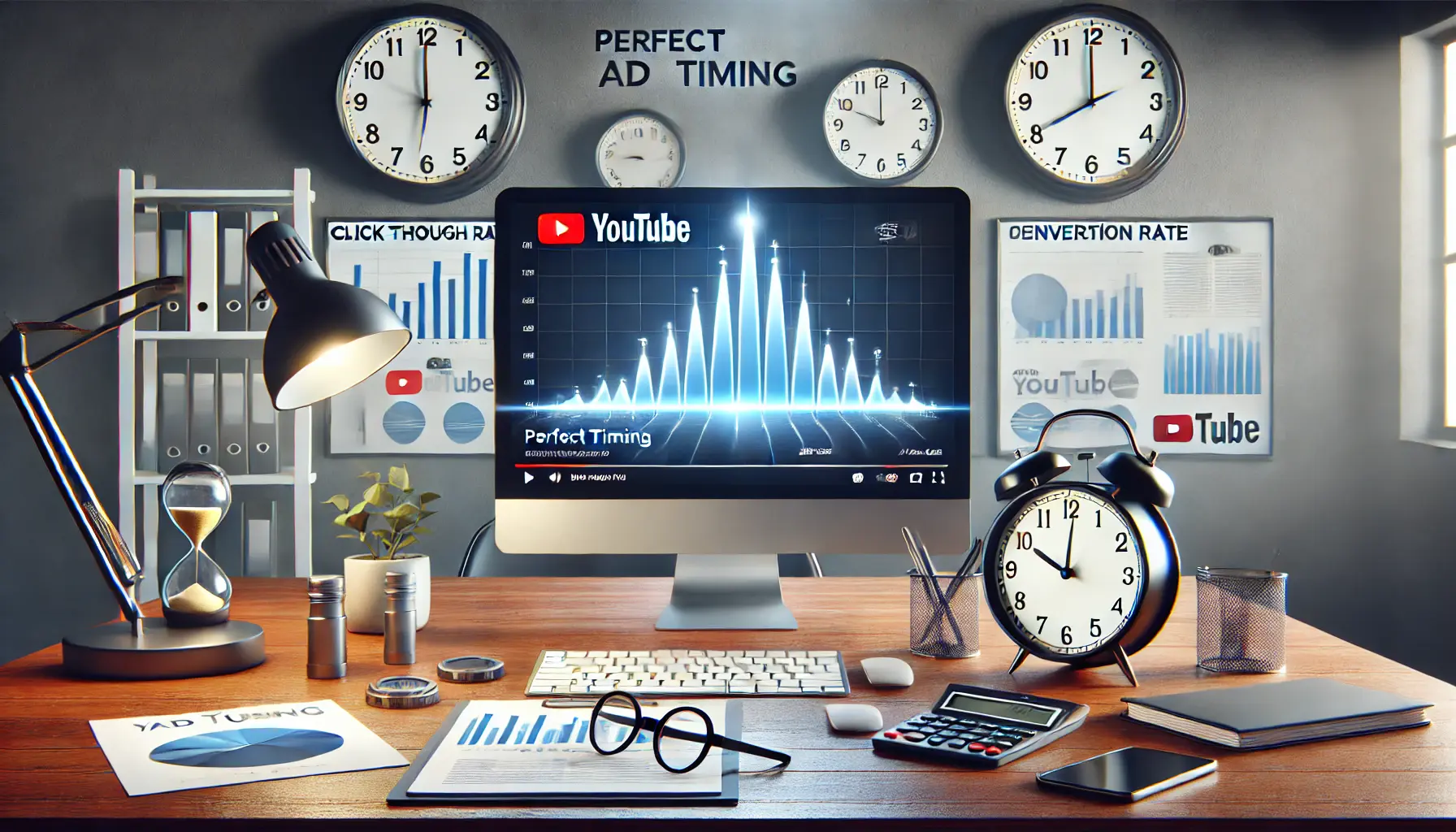 A digital marketing workspace with a computer screen showing a graph with a sharp peak, symbolizing the critical importance of ad timing on performance metrics.