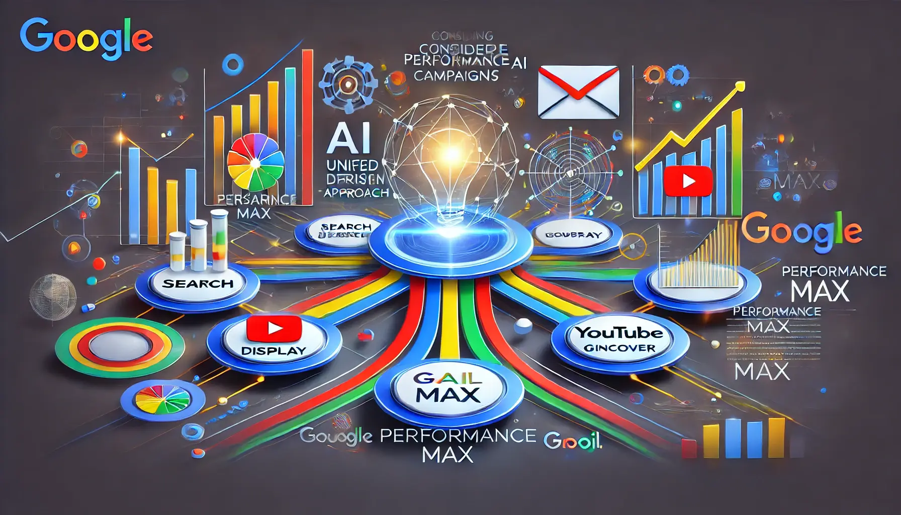 A visual representation of the benefits of Performance Max campaigns, showcasing interconnected Google platforms and AI-driven optimization for improved advertising performance.