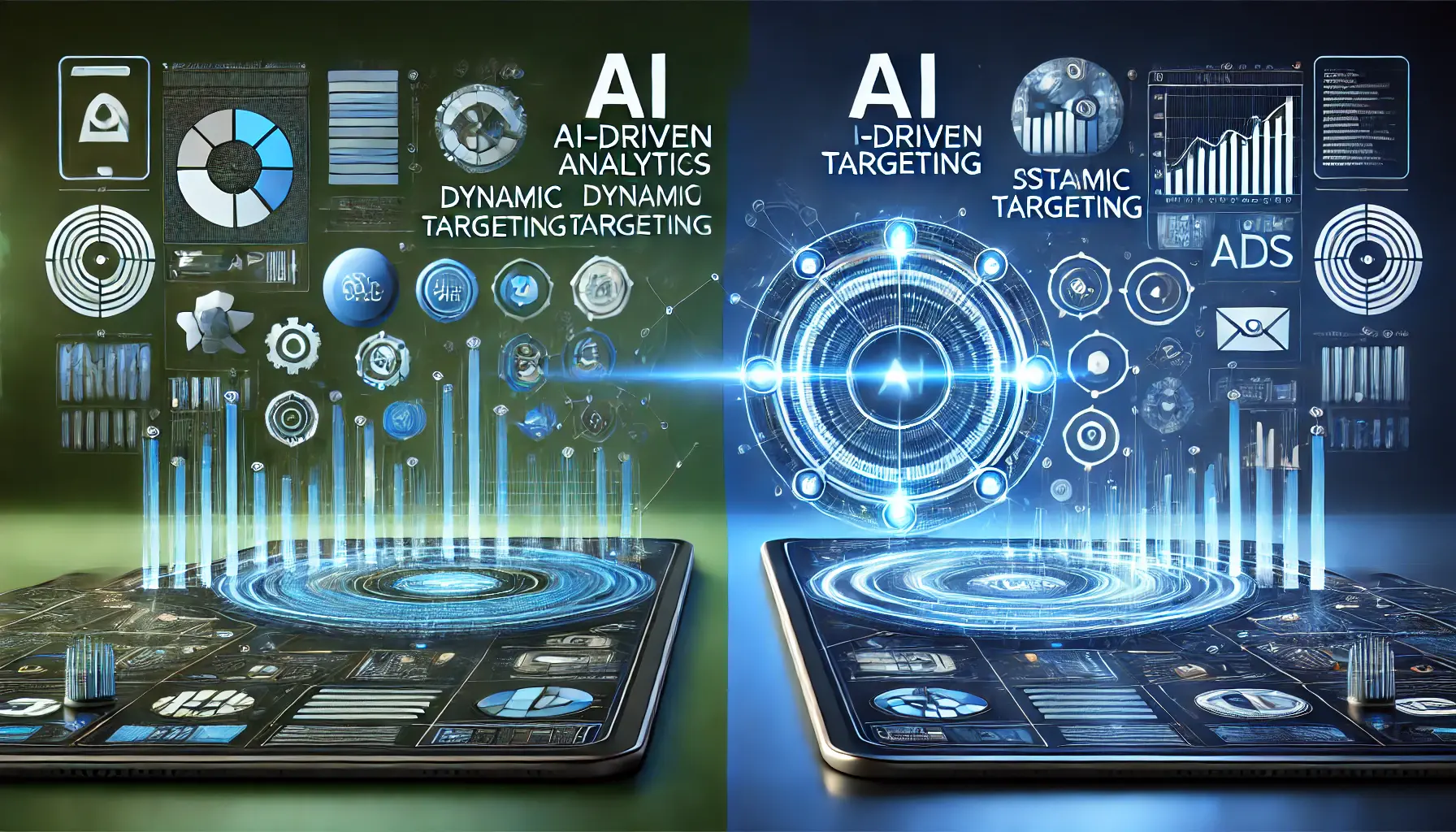 Comparison between AI-driven ads with dynamic targeting and traditional static targeting in app advertising.