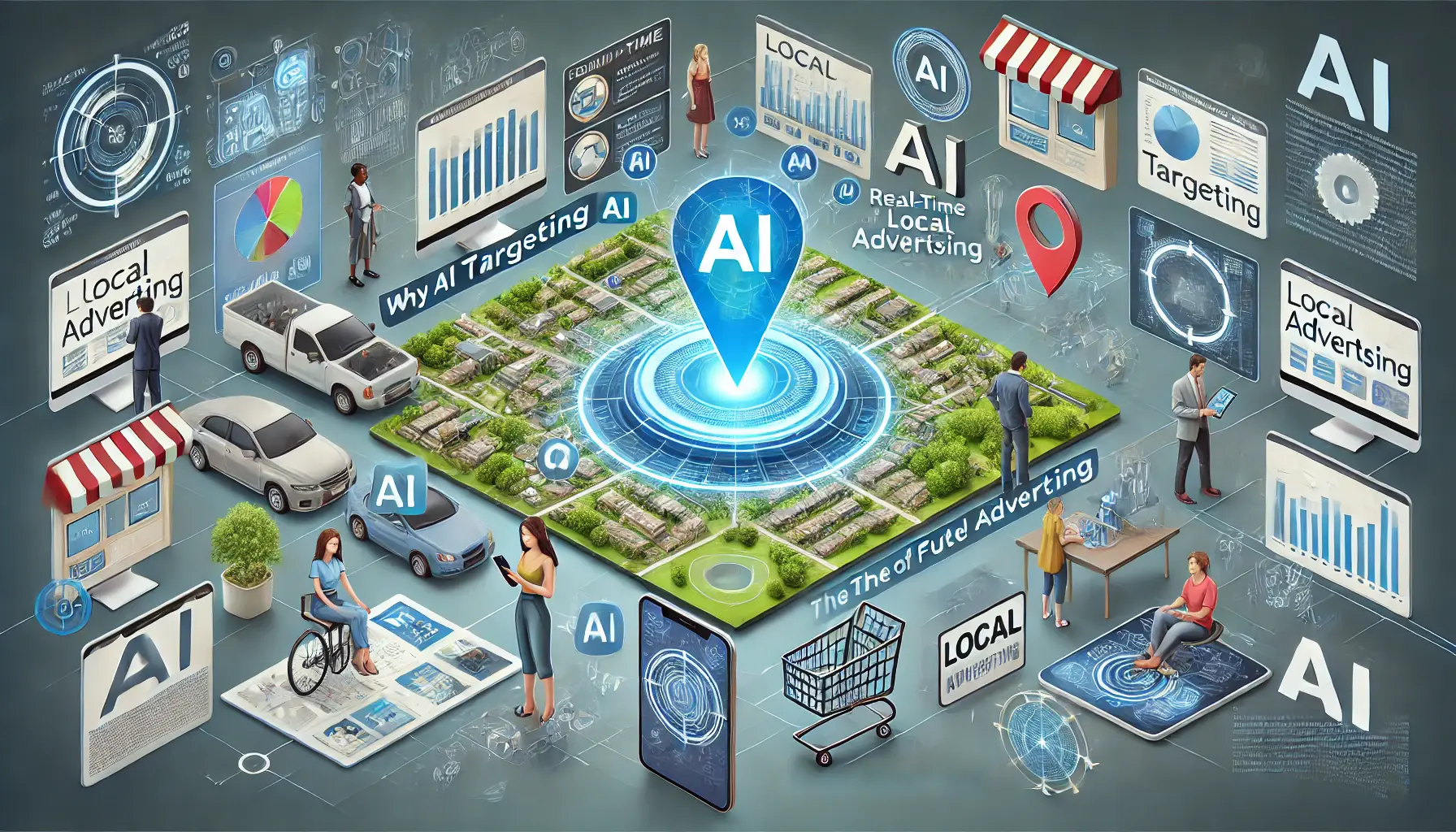 A digital interface with AI algorithms analyzing local data, delivering personalized ads to users on various devices, and targeting specific geographic areas.