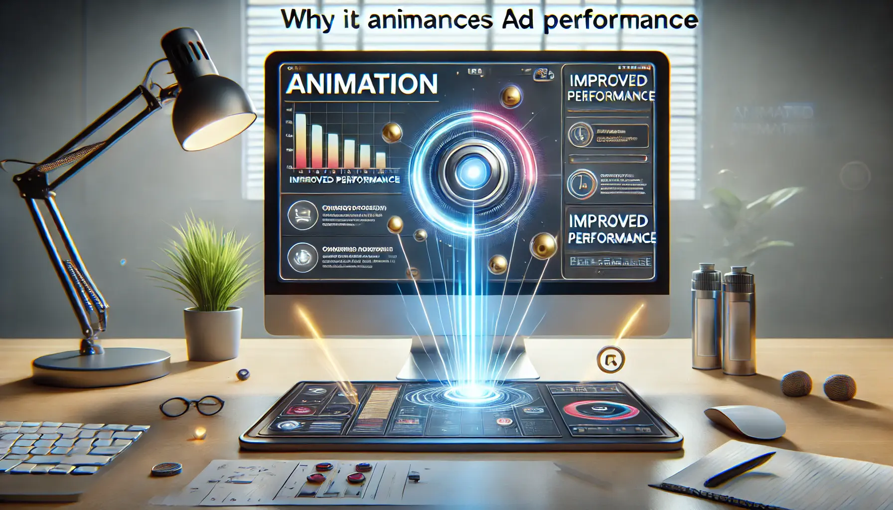 A digital workspace with an animated ad design featuring a dynamic button and glowing effects, symbolizing improved ad performance.