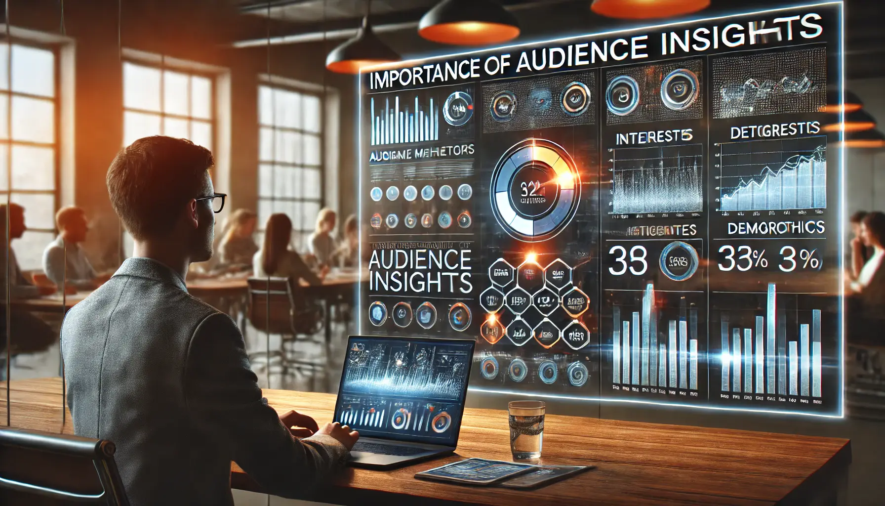 A digital marketer analyzing audience insights in a modern office, with a screen displaying data visualizations of audience behaviors, interests, and demographics.