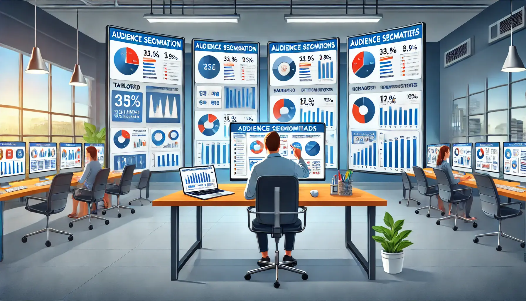 A digital marketer analyzing audience segments and performance metrics of tailored display ads in a modern office.