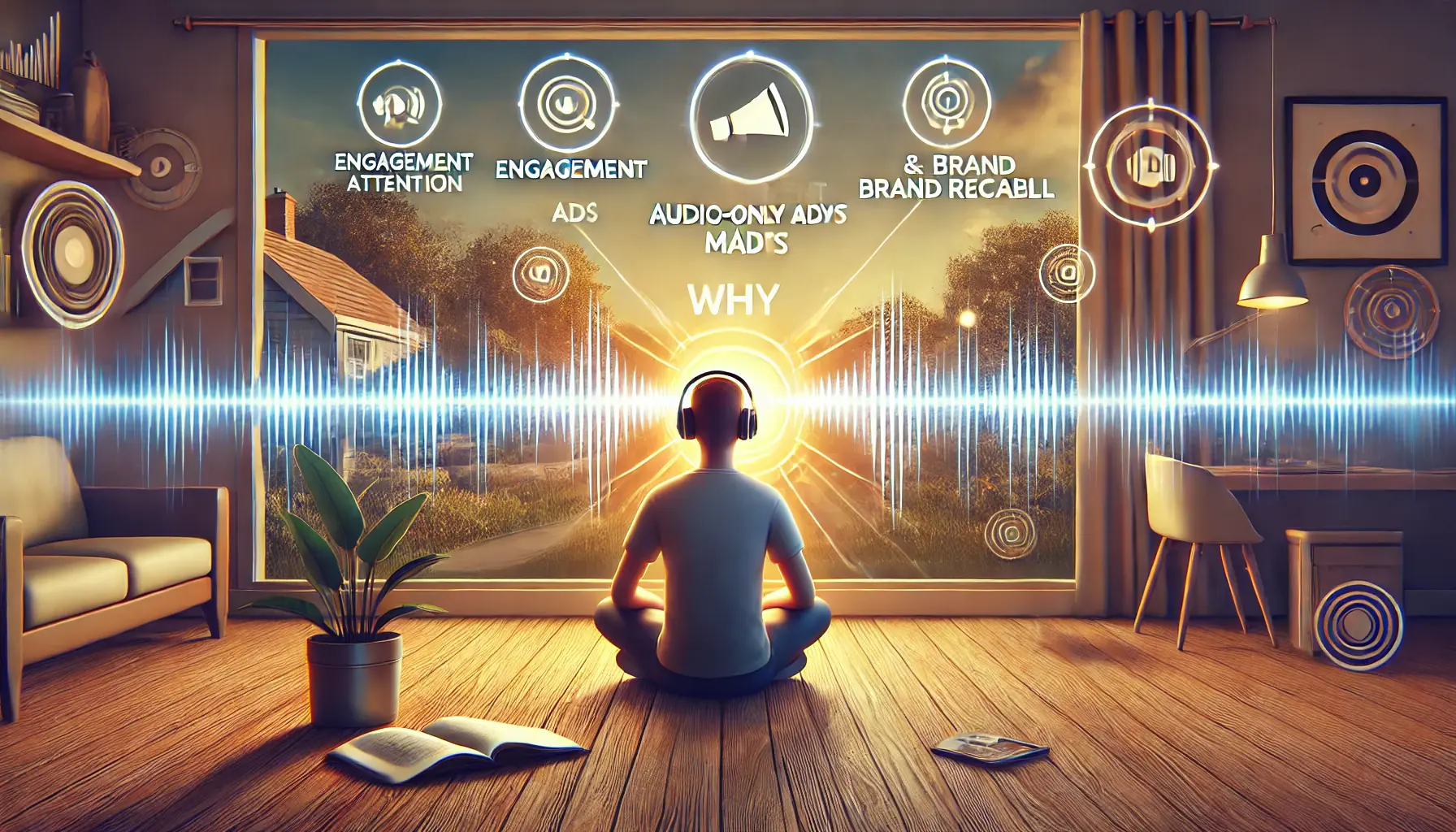 A digital illustration of a person listening to audio content on headphones, with soundwaves and icons representing engagement, attention, and brand recall in a peaceful, everyday environment.