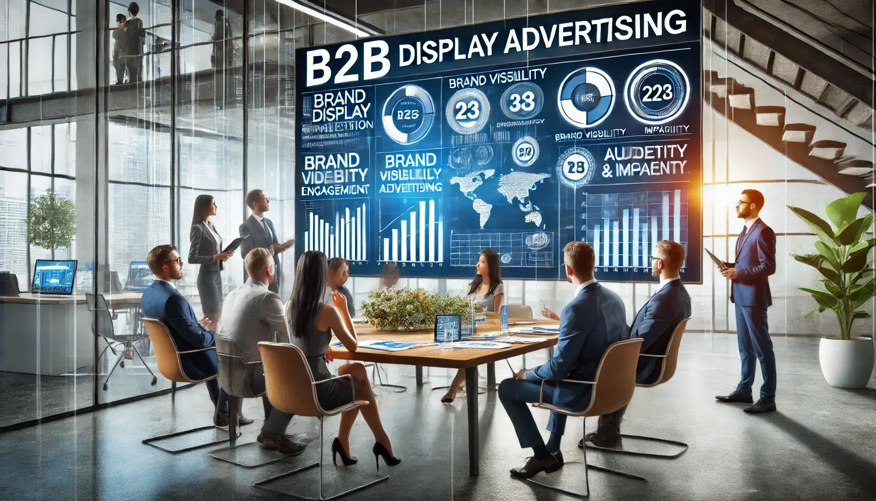 A team of marketers in a professional office discussing the importance of B2B display advertising, with key metrics like brand visibility and audience engagement on a screen.