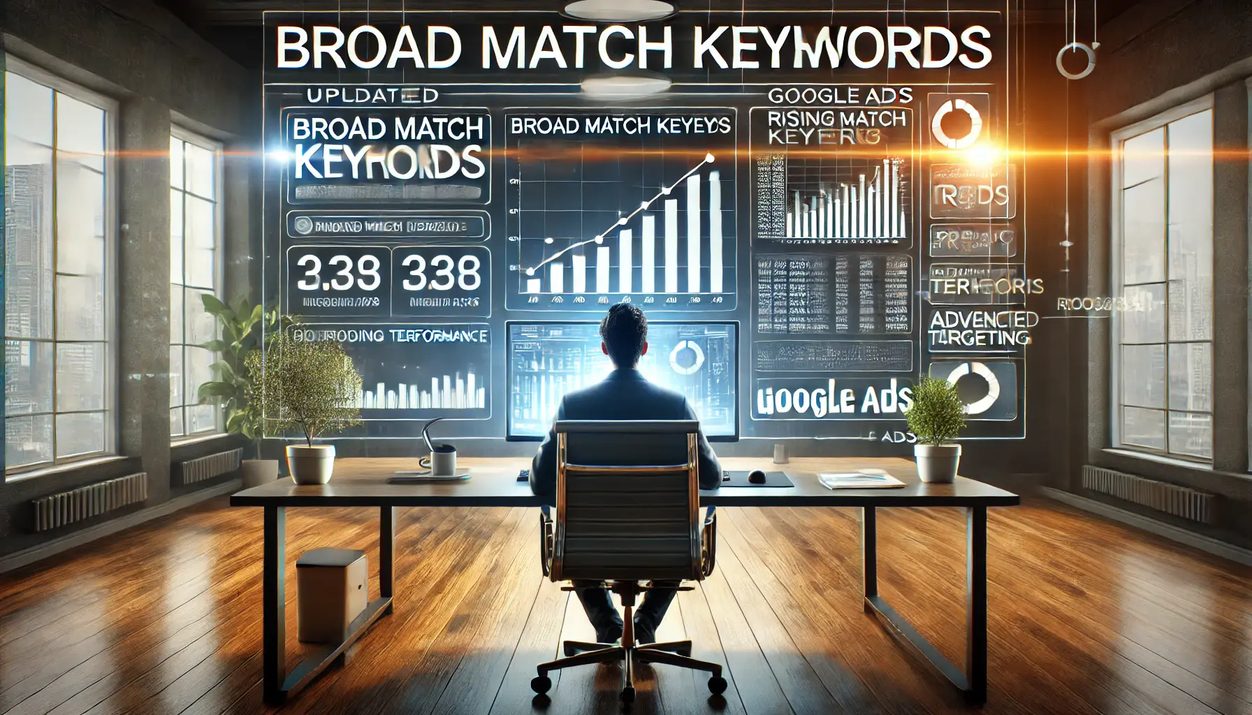 A digital workspace showing a marketer analyzing performance metrics and trends for broad match keywords in Google Ads in 2025.