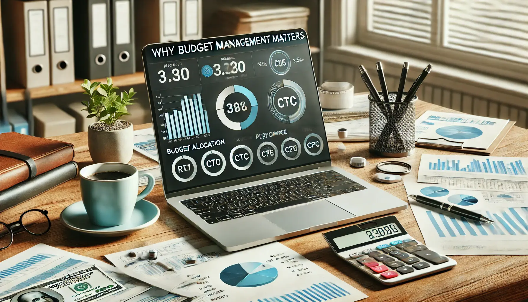 A modern workspace with a laptop displaying a financial dashboard, emphasizing the importance of budget management with key metrics like ROI, CTR, and CPC.