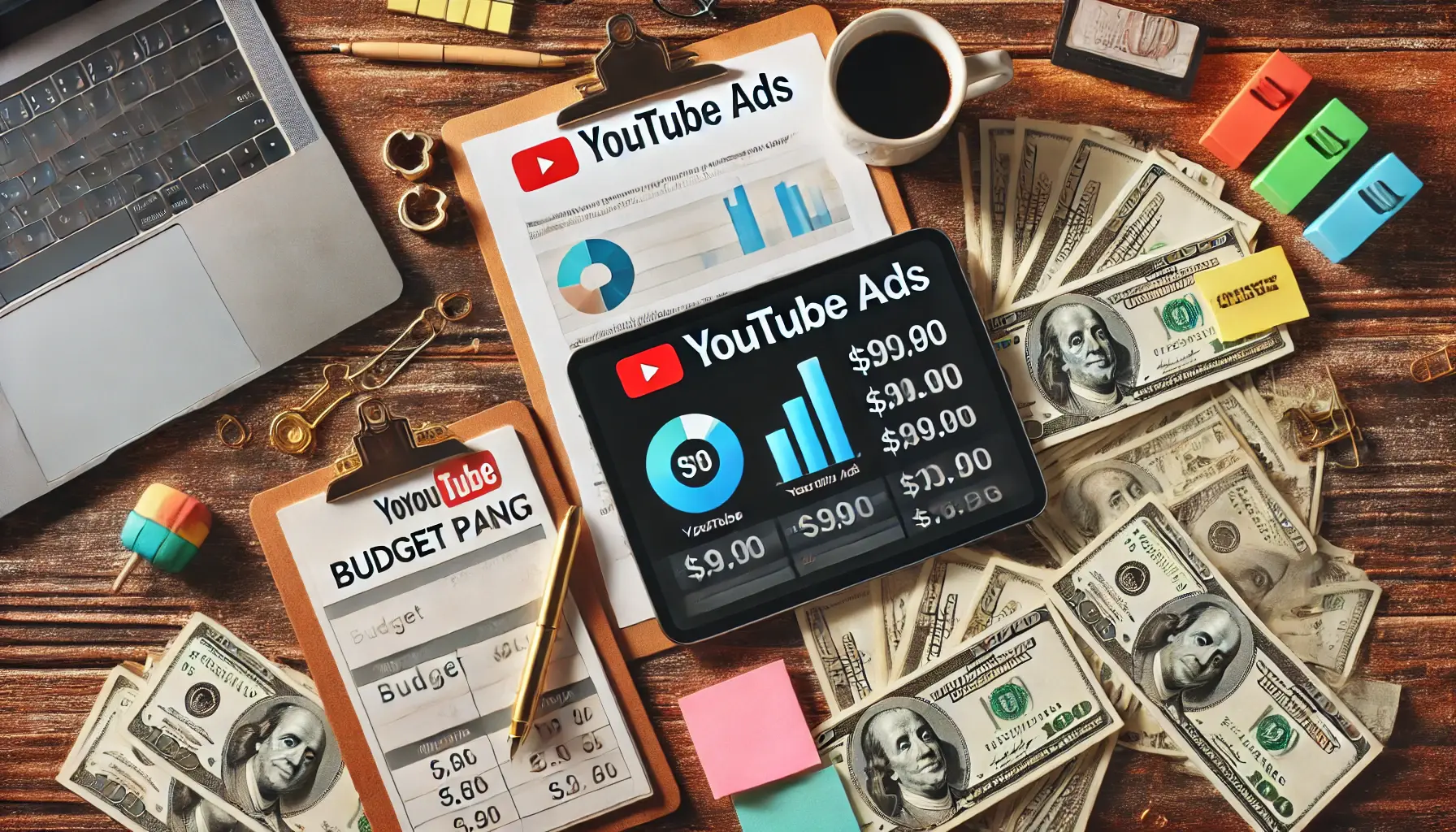 A desk setup with a tablet showing YouTube ad metrics, dollar bills, and budget planning sheets, representing the importance of budgeting.