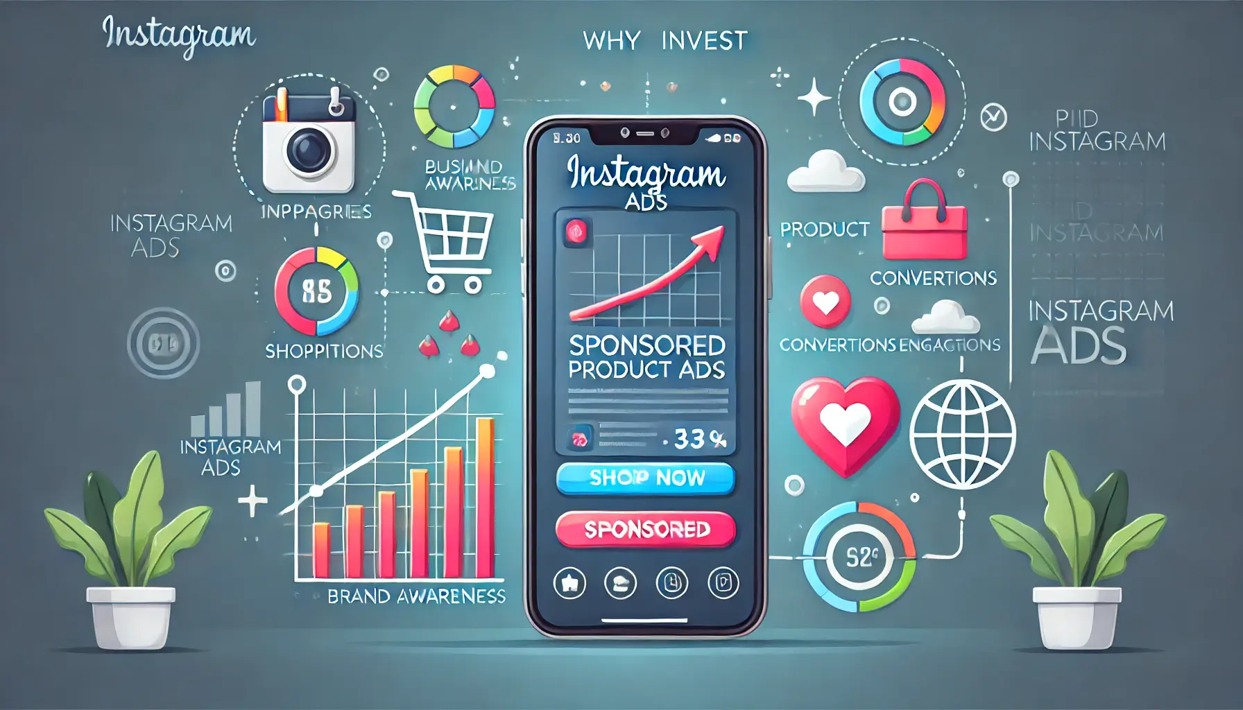 Illustration of a smartphone displaying a sponsored Instagram product ad, surrounded by icons like a shopping cart, upward graph, and engagement icons, symbolizing business growth and ad benefits.