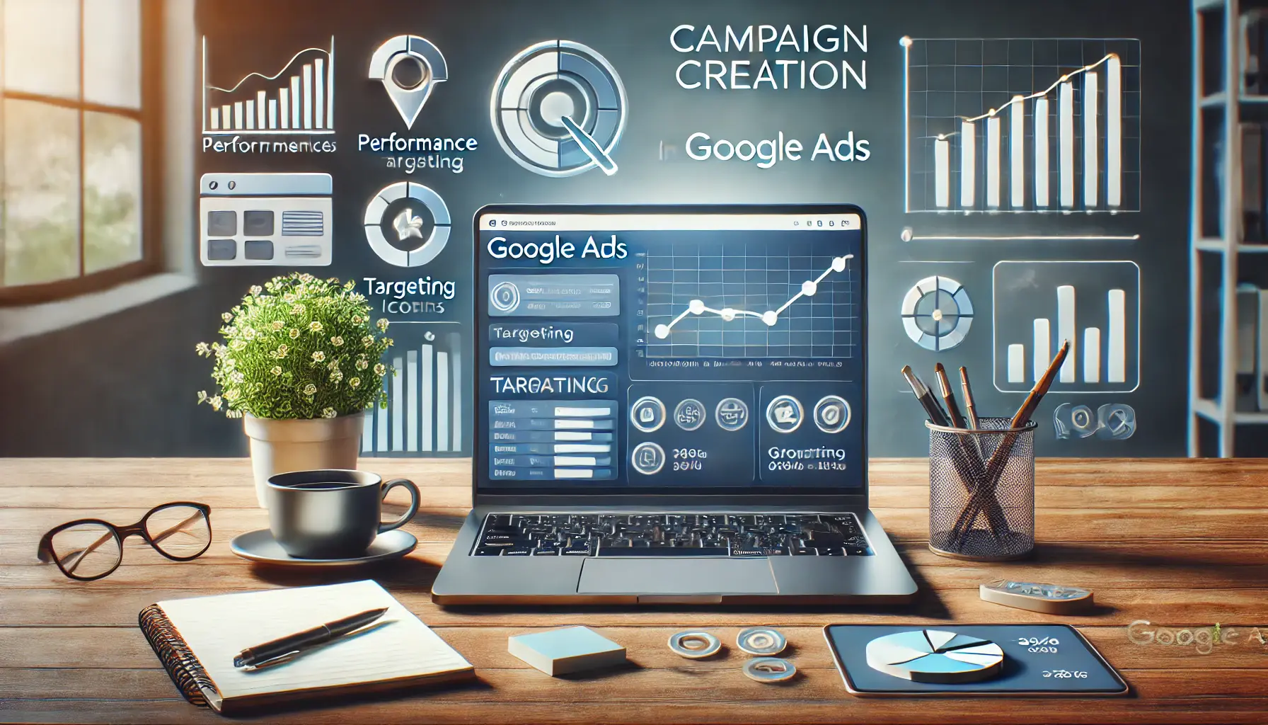 A laptop displaying a Google Ads dashboard with performance graphs and growth charts, surrounded by icons symbolizing campaign creation and targeting.