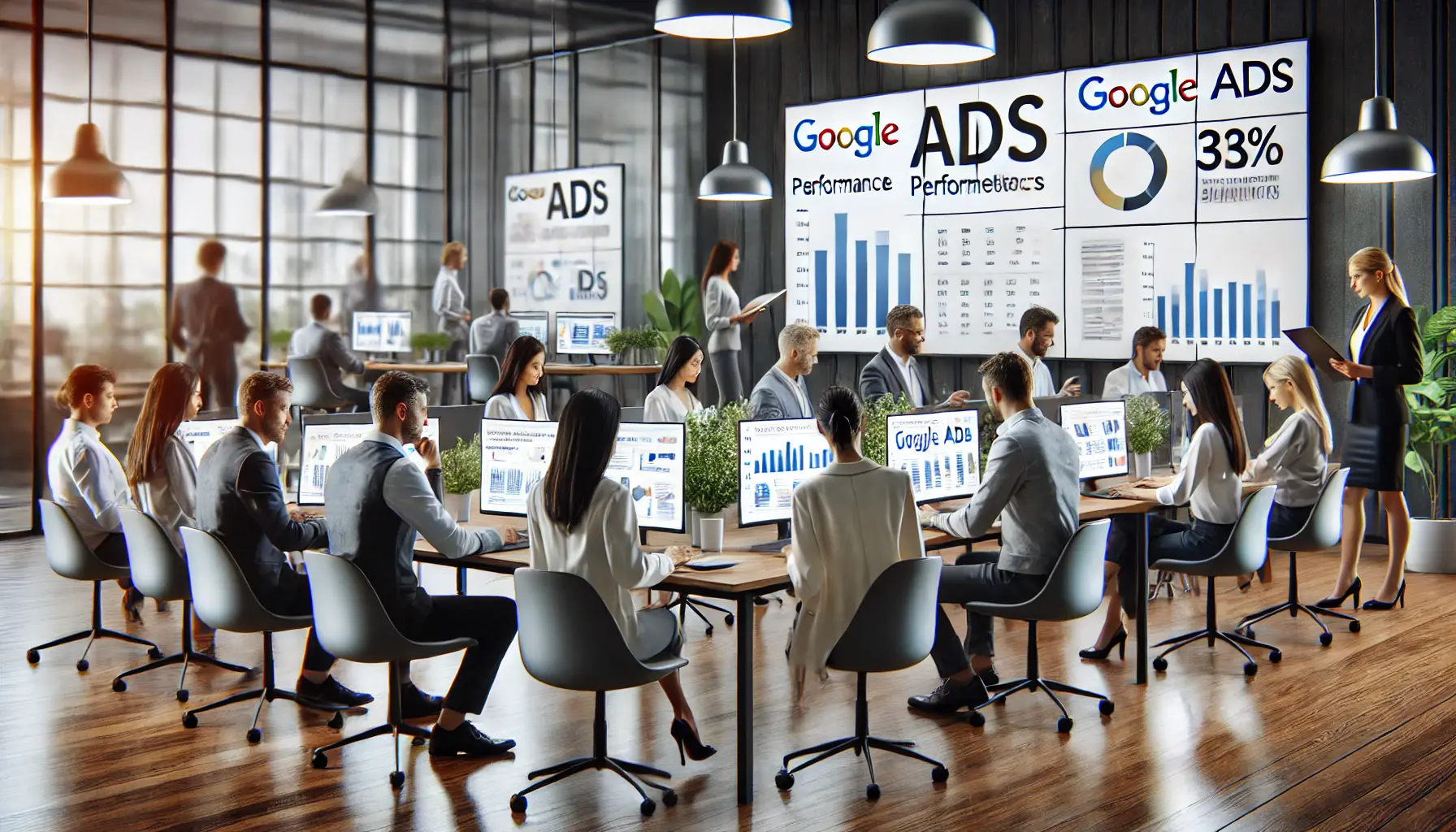 A modern office with professionals analyzing Google Ads performance metrics on high-resolution screens.