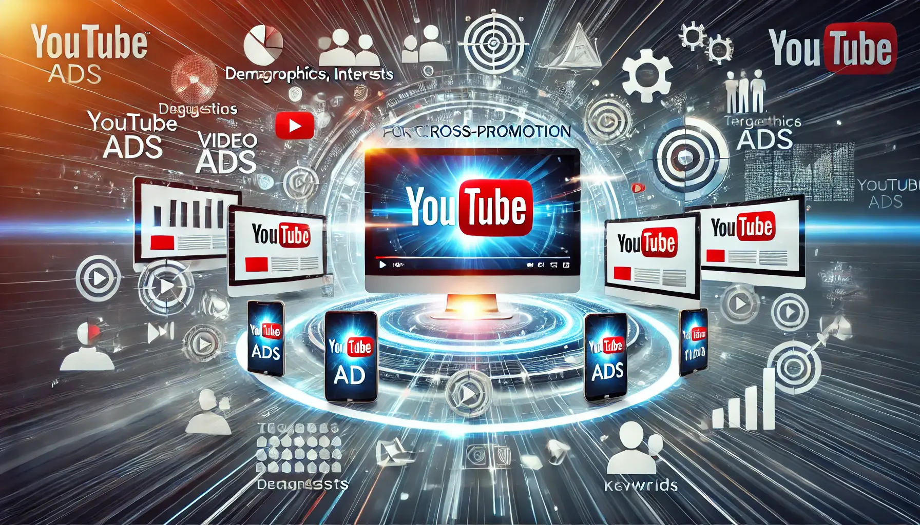 An illustration showing YouTube video ads being played on devices, surrounded by icons representing targeting options like demographics, interests, and keywords for cross-promotion.