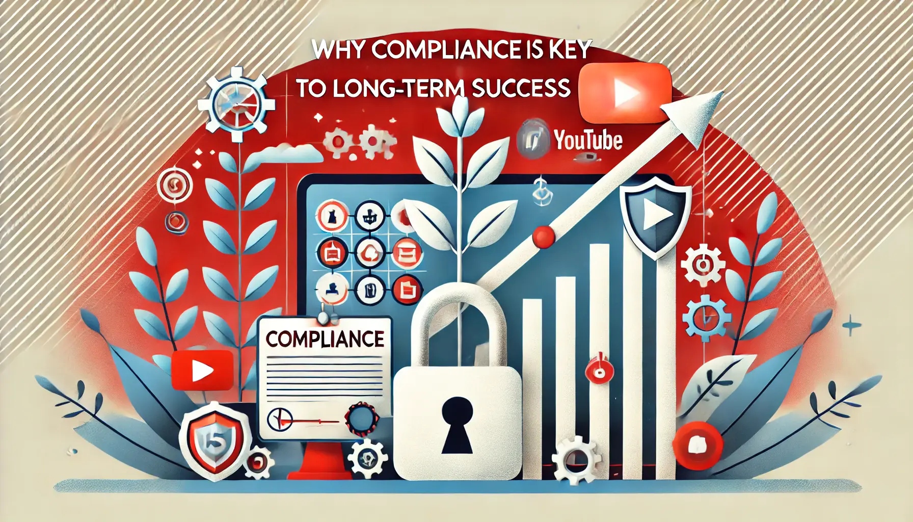 An image showing a growing plant, a secure lock symbol, and a graph representing business success through compliance.