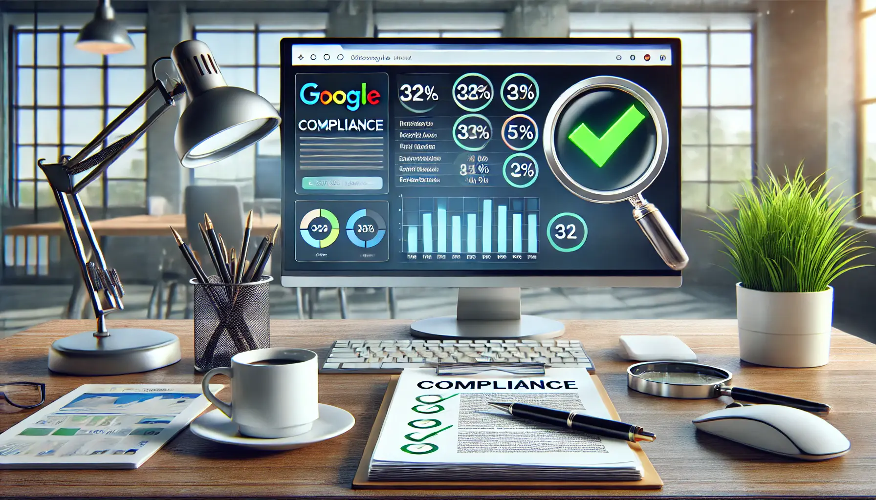 A workspace with a computer screen showing a digital advertising performance dashboard with a green checkmark, surrounded by documents and a magnifying glass.