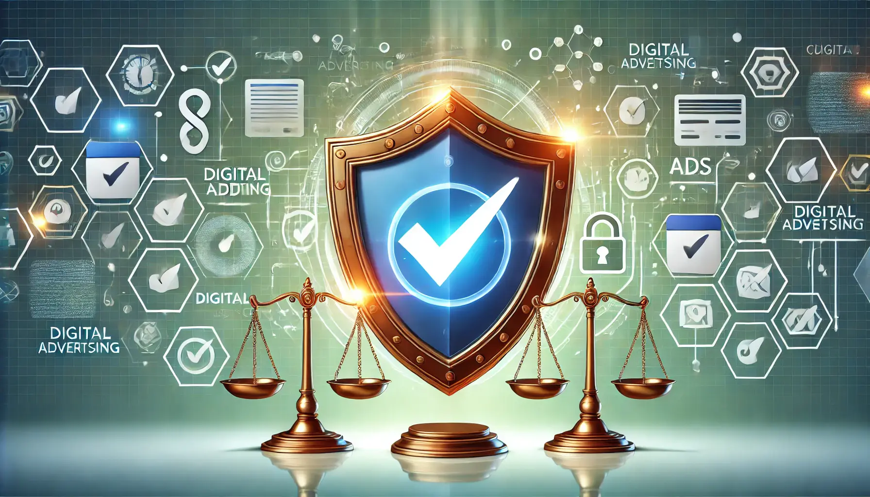 An abstract illustration of a glowing shield with a checkmark, symbolizing the importance of compliance in digital advertising.