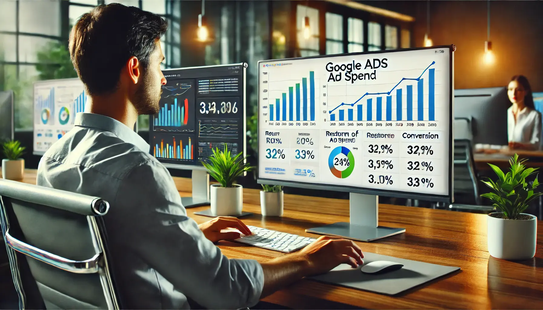 A digital marketing professional monitoring Google Ads campaign performance over time, showing consistent growth in key metrics like ROAS and conversion rates in a modern office setting.