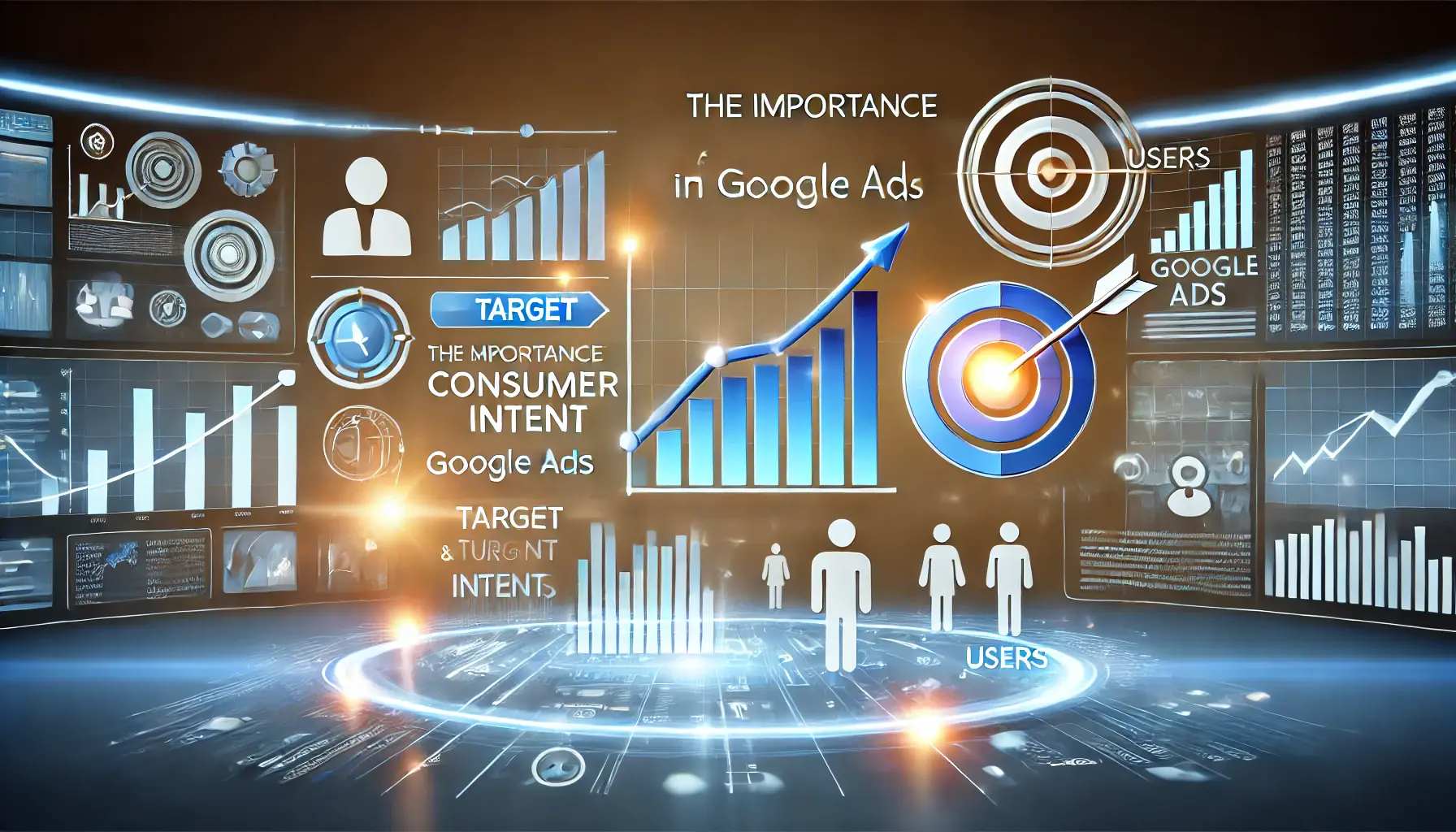 Abstract visual showing the significance of consumer intent in Google Ads with elements like a digital dashboard, target icons, and analytics.