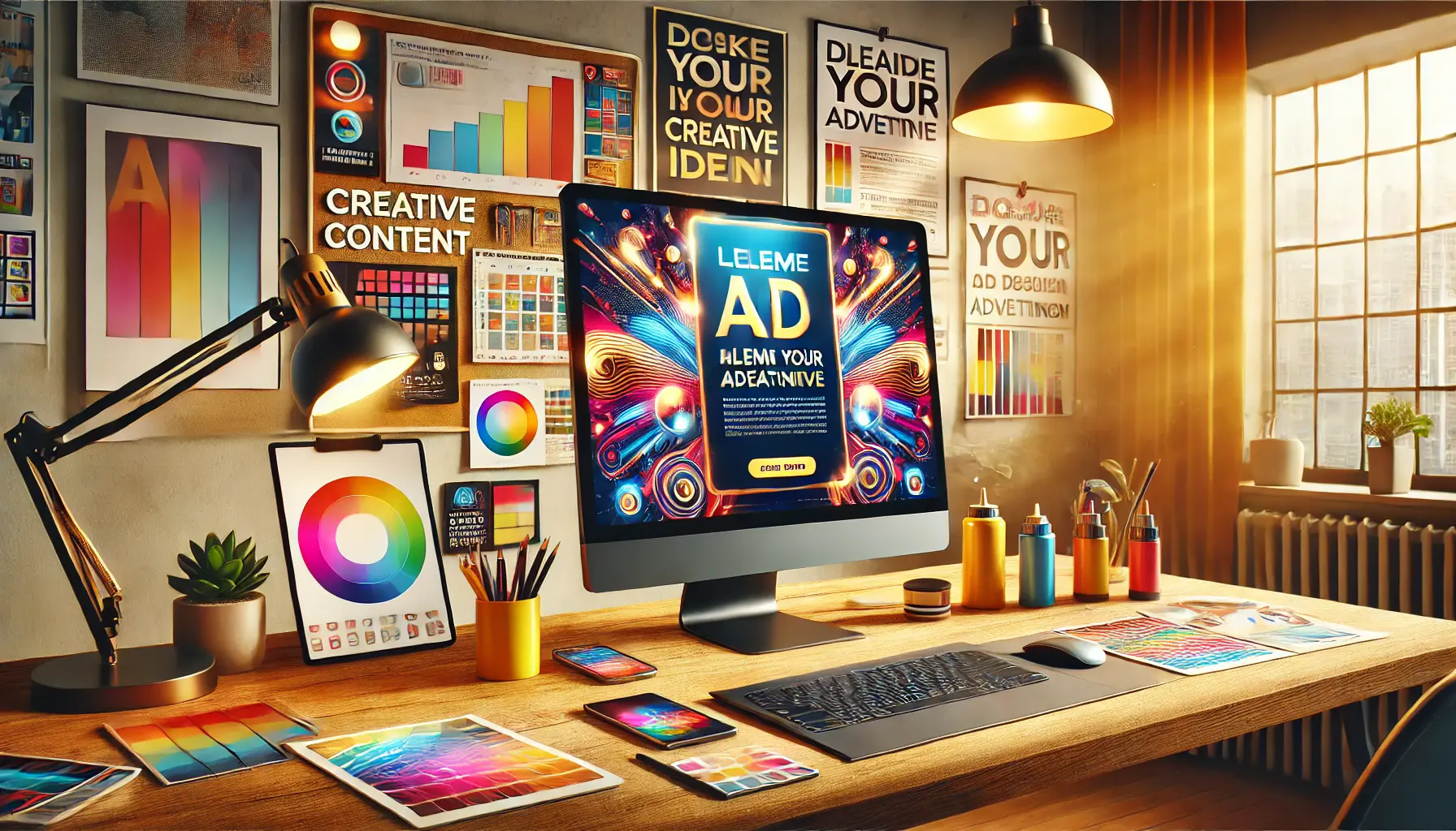 A vibrant workspace with a monitor displaying bold ad designs and tools like mood boards and color palettes.