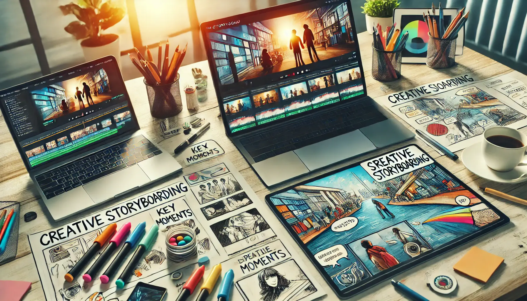 A professional workspace featuring a storyboard with vibrant visuals, illustrating the importance of creative storyboarding in shaping the narrative.