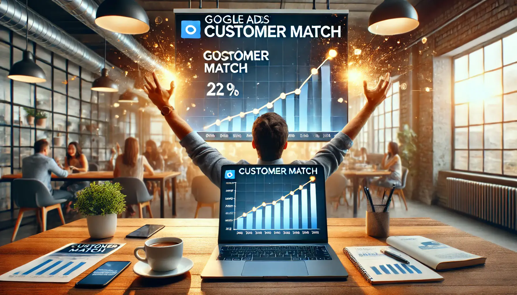 A digital marketer celebrating the success of a Google Ads Customer Match campaign, with a graph showing significant increases in engagement and conversions.