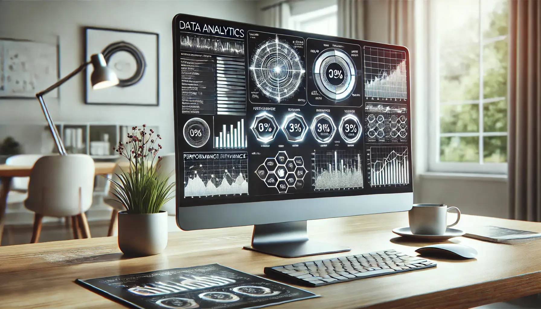 A professional digital workspace with a computer screen displaying complex data analytics, including performance metrics, KPIs, and trends.