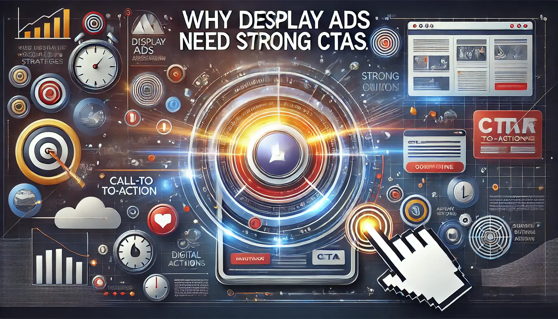 An image showing a digital ad with a glowing call-to-action button, a web interface, and abstract graphics symbolizing urgency and user interaction.