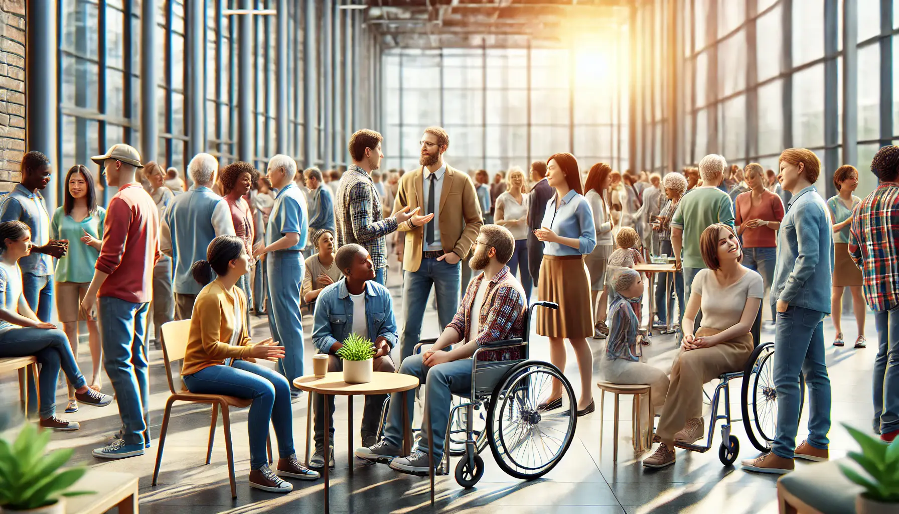 A diverse group of individuals from different backgrounds, ages, and abilities interacting in a public space, symbolizing the importance of diversity.