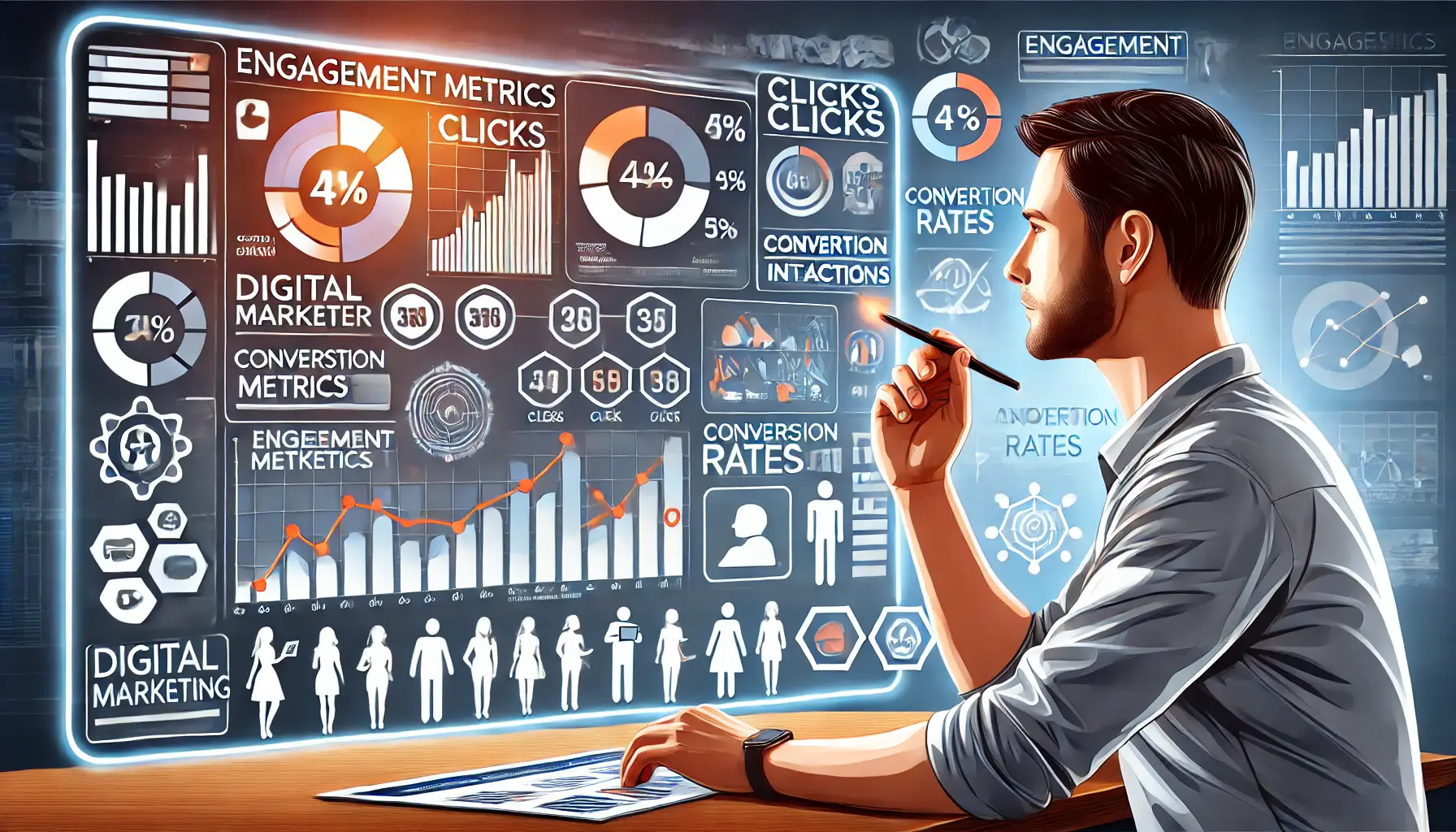 An illustration of a digital marketer analyzing engagement metrics through charts, graphs, and analytics dashboards, highlighting key data like clicks and conversion rates.