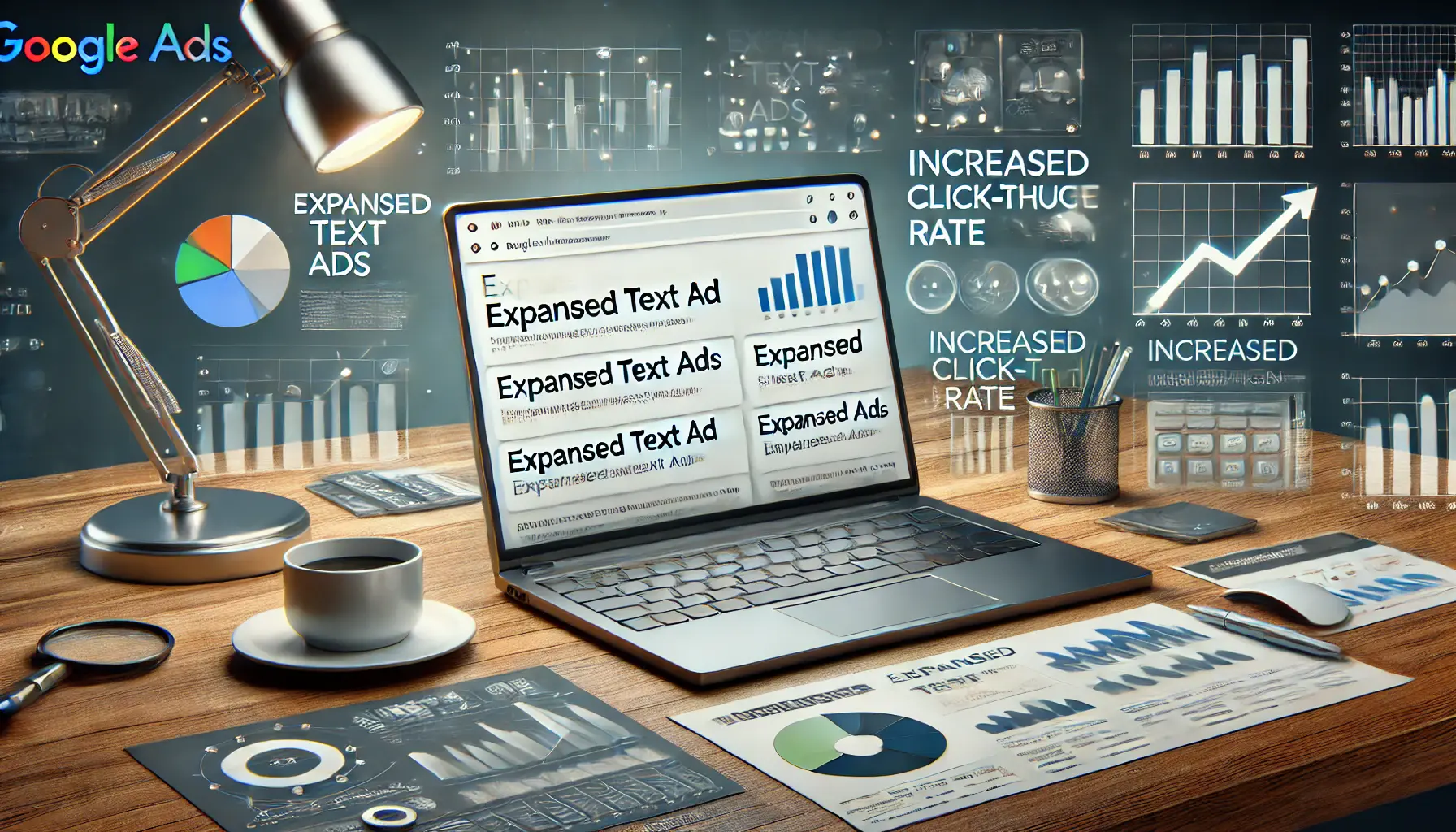 A digital marketing workspace showcasing the importance of Expanded Text Ads with performance graphs and engagement metrics.