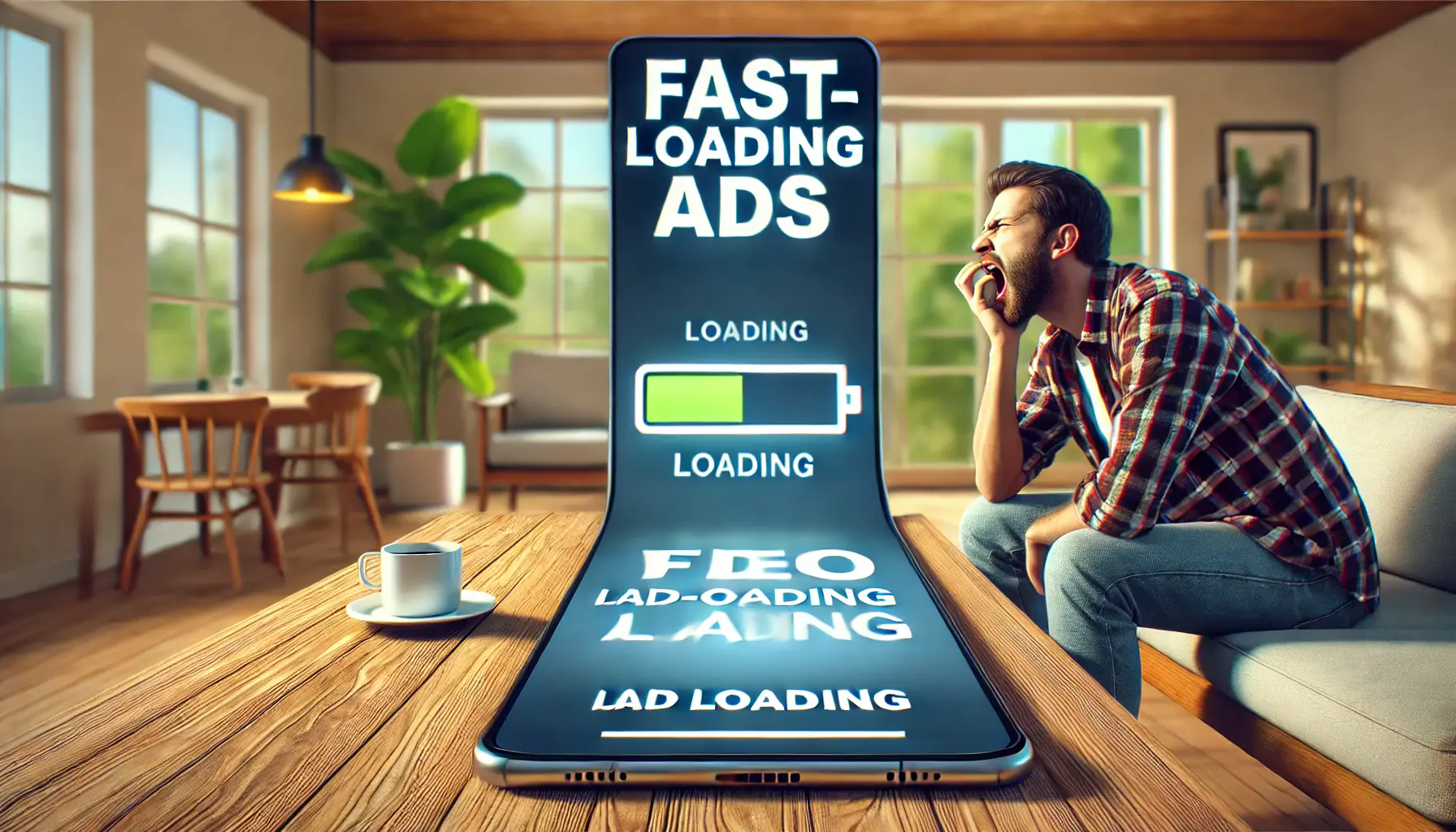 A mobile user waiting for a slow-loading ad, with a visible loading symbol and a frustrated body language.