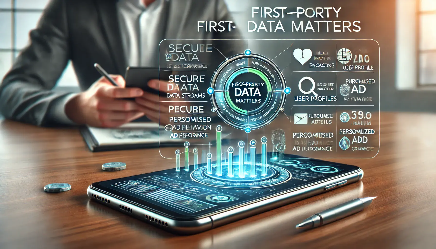 An image showing a smartphone with a dashboard displaying key metrics like user engagement, purchase behavior, and personalized ad performance, emphasizing the value of first-party data.