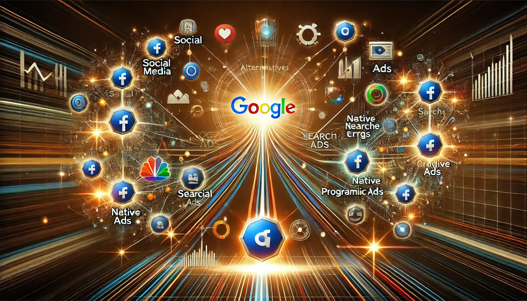 A visual representation showing a central Google Ads platform with multiple alternative platforms like social media, search engines, native ads, and programmatic ads branching out, symbolizing diverse opportunities.