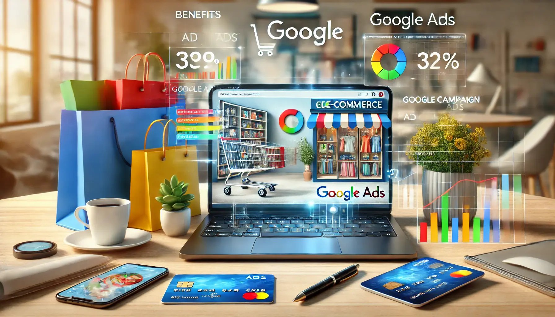 A laptop displaying an e-commerce store and sales analytics surrounded by shopping bags, a credit card, and a mobile device with an ad campaign dashboard in a modern workspace.