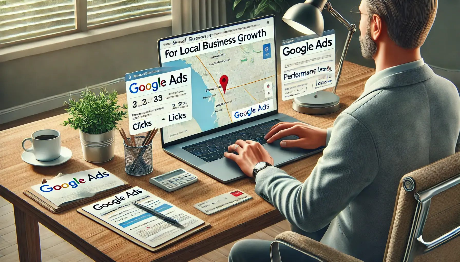 A small business owner analyzing Google Ads performance metrics and local business data on a laptop.