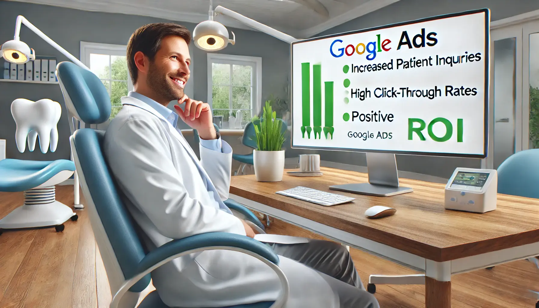 A dentist analyzing Google Ads campaign performance metrics in a modern office.